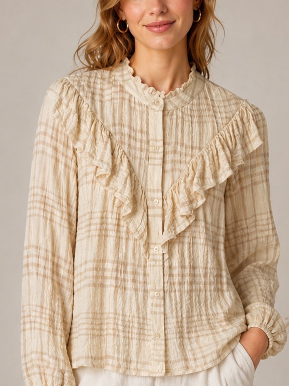 🤍 Zara Cream Plaid Ruffle Textured Blouse Long Sleeve Size S